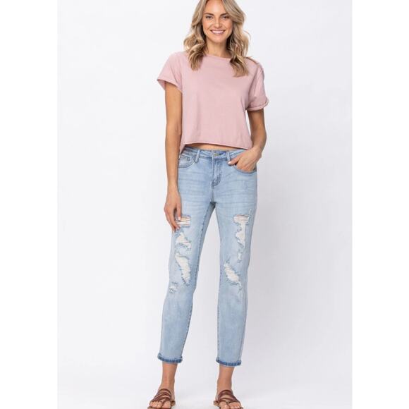 Judy Blue Distressed Blue Jeans Boyfriend Light Wash 15 32 14 Destroyed Ankle - Picture 6 of 15